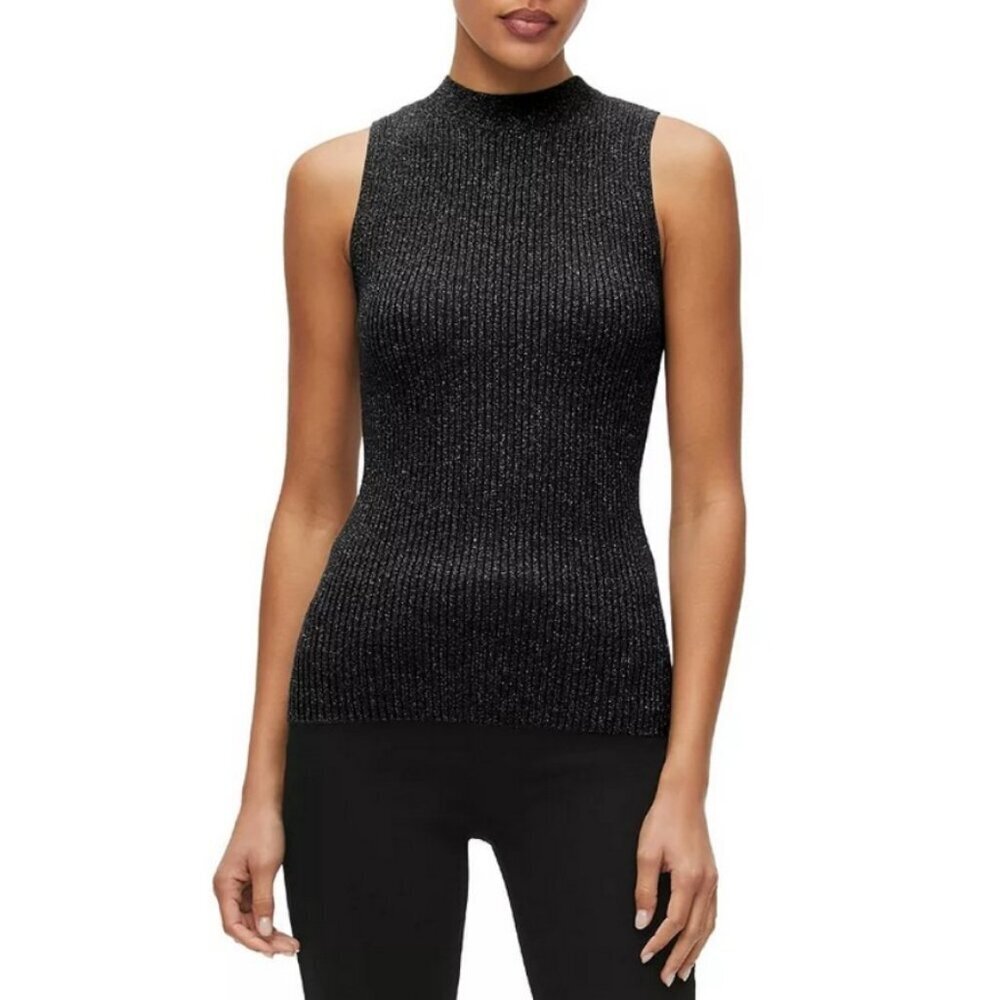 💕MICHAEL STARS💕 Kara Shimmer Ribbed Top ~ Mock Neck Shell Top Black Small NWOT